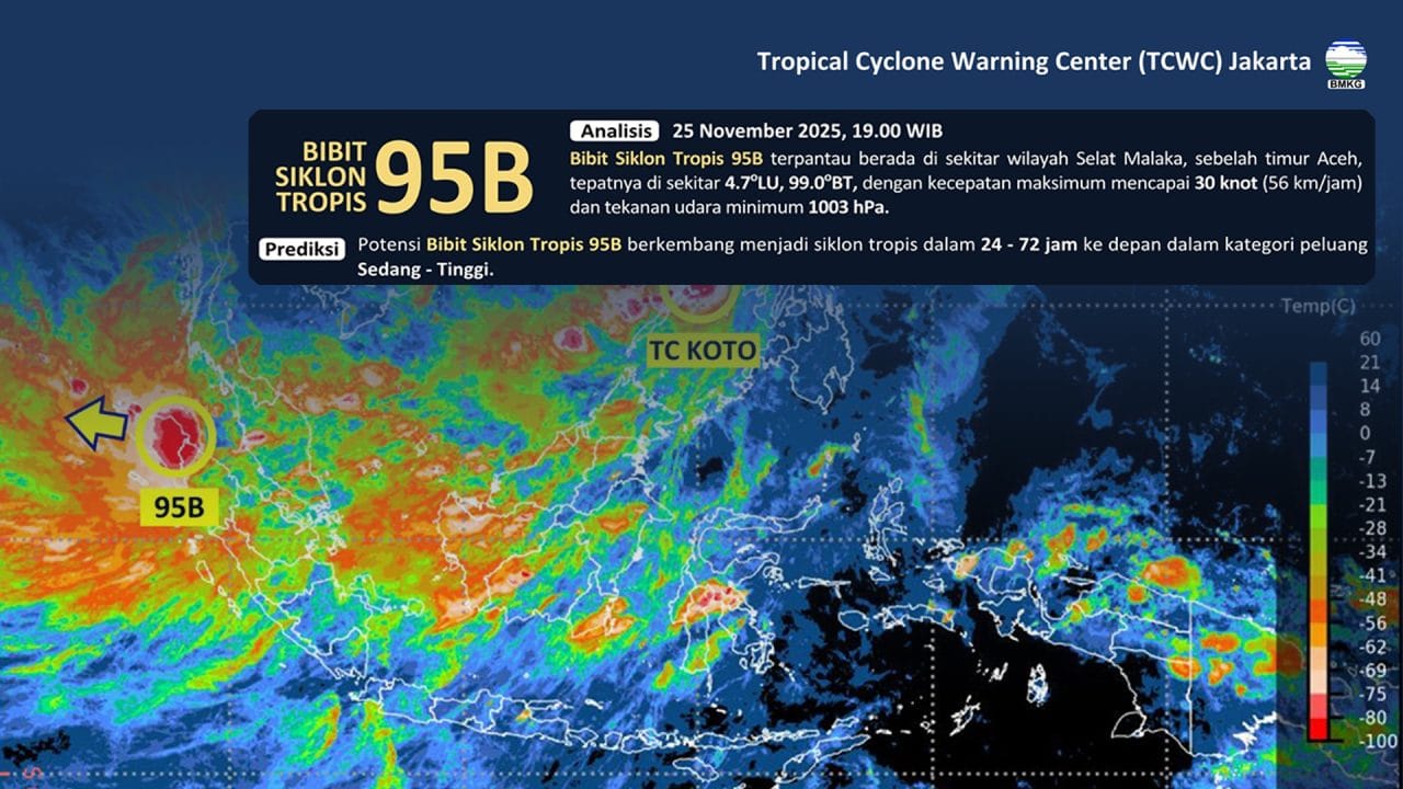 ‎BMKG Peringatkan Bibit Siklon Tropis 95B, Aceh hingga Riau Terancam