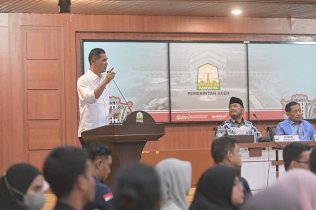 Sekretaris Daerah Aceh, M. Nasir melaunching Dashboard Peta aksi dan Partisipasi masyarakat untuk penanggulangan bencana Aceh di Gedung Serbaguna Setda Aceh, Banda Aceh, Jumat (27/2/2026). FOTO/Humas Aceh. Sekretaris Daerah Aceh, M. Nasir melaunching Dashboard Peta aksi dan Partisipasi masyarakat untuk penanggulangan bencana Aceh di Gedung Serbaguna Setda Aceh, Banda Aceh, Jumat (27/2/2026). FOTO/Humas Aceh.