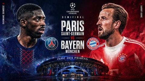 Cover prediksi Paris Saint-Germain versus Bayern Munchen. (Bola.com/ChatGPT)