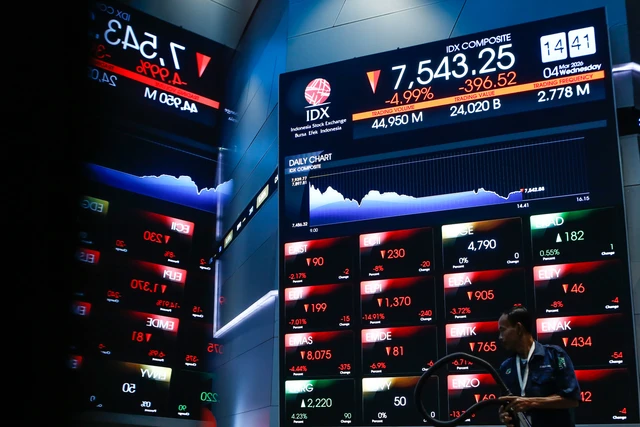 Pekerja melintas di depan layar yang menampilkan pergerakan Indeks Harga Saham Gabungan (IHSG) di Bursa Efek Indonesia, Jakarta, Rabu (4/3/2026).