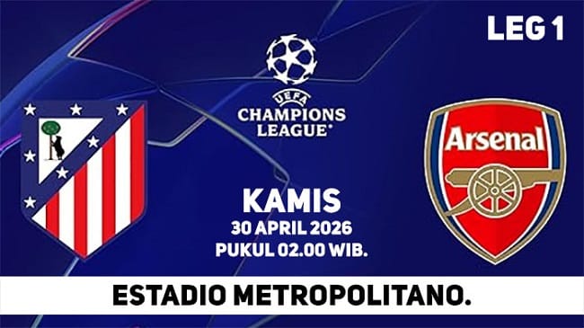Laga seru antara Atletico Madrid vs Arsenal pada pertandingan leg 1 babak semifinal Liga Champions 2025/2026 akan digelar pada Kamis, 30 April 2026, mulai pukul 02.00 WIB di Estadio Metropolitano.-Foto: tangkapan layar Amazon.com.-