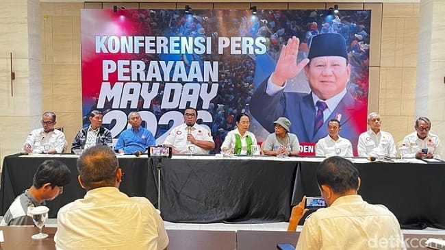 Jumpa pers Panitia May Day 2026 di Menteng, Jakarta Pusat, Senin (27/4/2026). (Rumondang/detikcom)