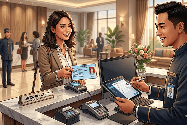 Ilustrasi menggunakan KTP saat check in di hotel.(GENERATED BY GEMINI AI)