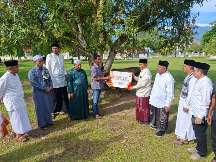 Waki Bupati Salurkan Hewan Qurban Pemkab Aceh Besar untuk Masyarakat Wakil Bupati menyalurkan hewan qurban bantuan Pemerintah Kabupaten Aceh Besar kepada masyarakat dalam rangka menyambut Hari Raya Idul Adha 1447 Hijriah, di Halaman Masjid Agung Al Munawarrah, Kota Jantho, Rabu (27/5/2026). Foto: Pemkab Aceh Besar