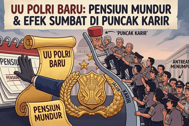 Ilustrasi. UU Polri Baru: Pensiun Mundur dan Efek Sumbat di Puncak Karir(Dibuat dengan AI I Kompas.com/BAL) Ilustrasi. UU Polri Baru: Pensiun Mundur dan Efek Sumbat di Puncak Karir(Dibuat dengan AI I Kompas.com/BAL)