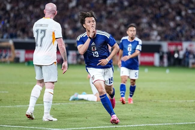 Koki Ogawa dari timnas Jepang merayakan gol pada pertandingan persahabatan FIFA Matchday antara Jepang dan Islandia di Tokyo, Jepang, pada 31 Mei 2026.(XinHua/Jia Haocheng)