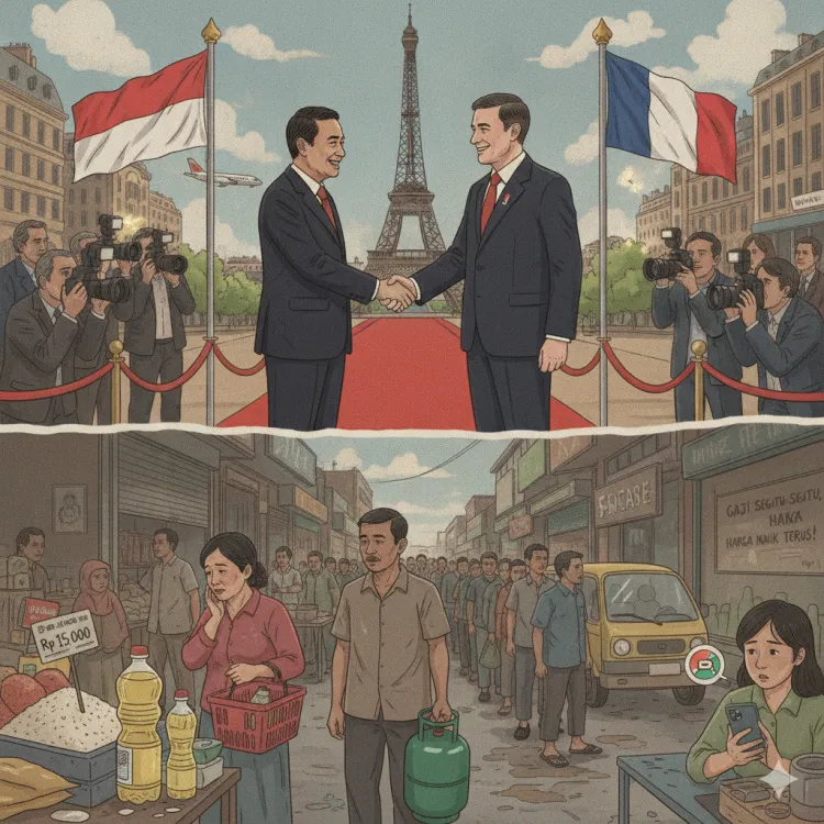 Ilustrasi Diplomasi di Menara Eiffel, Derita di Pasar Lokal. FOTO/AI. Ⓒ Hak cipta foto di atas dikembalikan sesungguhnya kepada pemilik foto Ilustrasi Diplomasi di Menara Eiffel, Derita di Pasar Lokal. FOTO/AI. Ⓒ Hak cipta foto di atas dikembalikan sesungguhnya kepada pemilik foto