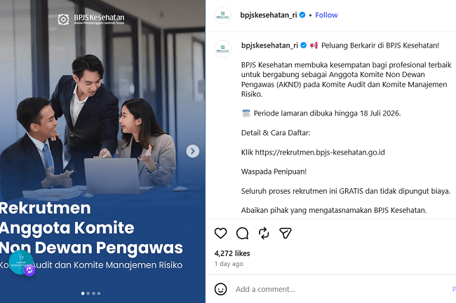 BPJS Kesehatan membuka lowongan kerja bagi profesional untuk mengisi posisi Anggota Komite Non Dewan Pengawas (AKND) BPJS Kesehatan membuka lowongan kerja bagi profesional untuk mengisi posisi Anggota Komite Non Dewan Pengawas (AKND)