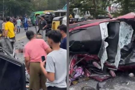 Kondisi kendaraan yang rusak akibat kecelakaan beruntun di kawasan Sibolangit. Petugas bersama warga melakukan penanganan di lokasi kejadian. FOTO/IST Kondisi kendaraan yang rusak akibat kecelakaan beruntun di kawasan Sibolangit. Petugas bersama warga melakukan penanganan di lokasi kejadian. FOTO/IST