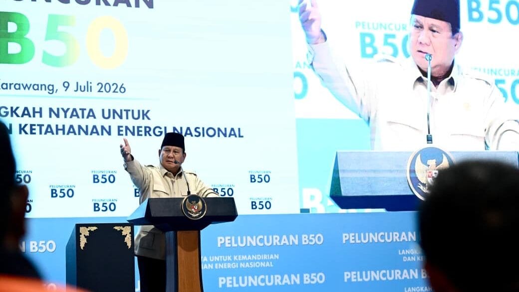 Presiden Prabowo Subianto menyampaikan sambutan pada Peluncuran Biodiesel B50 di Rest Area KM 57, Kabupaten Karawang, Jawa Barat, Kamis (9/7/2026). Foto: BPMI Setpres