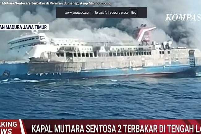 Kapal Mutiara Sentosa 2 Rute Surabaya-Makassar terbakar di perairan Sumenep, Madura, Jawa Timur Minggu (2/8/2026).(repor bidik layar akun Youtube KOMPAS TV) Kapal Mutiara Sentosa 2 Rute Surabaya-Makassar terbakar di perairan Sumenep, Madura, Jawa Timur Minggu (2/8/2026).(repor bidik layar akun Youtube KOMPAS TV)
