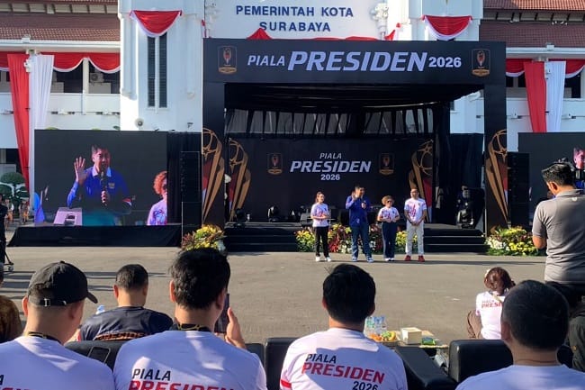 Ketua Steering Committee Piala Presiden, Maruarar Sirait memberikan pidato pembuka Press Conference Road to Semifinal & Final Piala Presiden 2026.(KOMPAS.com/Suci Rahayu)