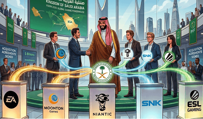 Ilustrasi akuisisi Arab Saudi terhadap sejumlah perusahaan di industri game. (Ilustrasi dibuat dengan AI (KOMPAS.com/YUDHA PRATOMO)) Ilustrasi akuisisi Arab Saudi terhadap sejumlah perusahaan di industri game. (Ilustrasi dibuat dengan AI (KOMPAS.com/YUDHA PRATOMO))