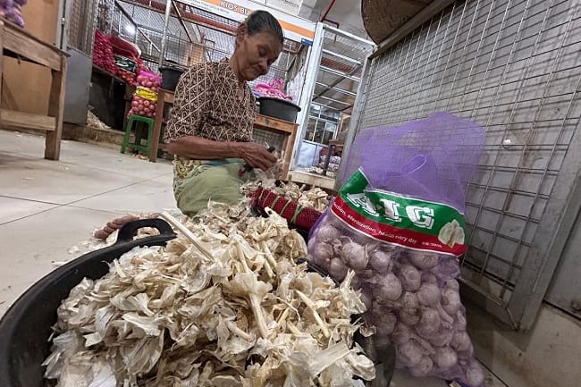 Siti Amirah (72) salah satu buruh harian pengupas bawang di Pasar Legi, Kota Solo, Jawa Tengah, Sabtu (15/8/2026)(KOMPAS.COM/ADINDA BUNGA KUSUMA WARDANI)