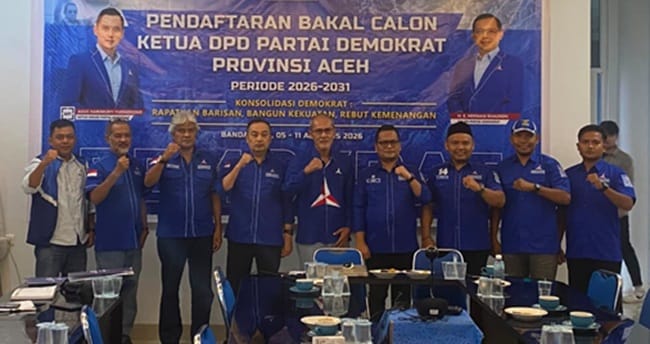 drh. Nurdiansyah Alasta, M.Kes., resmi mendaftarkan diri sebagai bakal calon Ketua DPD Partai Demokrat Aceh, Senin (10/8/2026), di Kantor DPD Partai Demokrat Aceh. Foto: Istimewa
