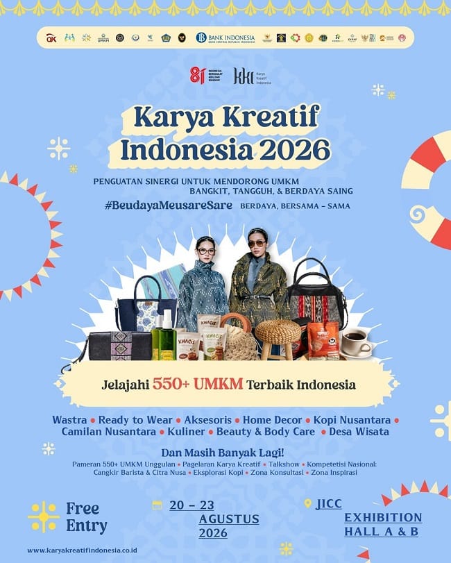 Sebanyak 47 UMKM Aceh yang lolos kurasi akan membawa beragam produk unggulan berbasis budaya dan kreativitas daerah dalam Karya Kreatif Indonesia (KKI) 2026 di Jakarta International Convention Center (JICC), 20–23 Agustus 2026. Mengusung tema “Beudaya Meusare Sare”. Sebanyak 47 UMKM Aceh yang lolos kurasi akan membawa beragam produk unggulan berbasis budaya dan kreativitas daerah dalam Karya Kreatif Indonesia (KKI) 2026 di Jakarta International Convention Center (JICC), 20–23 Agustus 2026. Mengusung tema “Beudaya Meusare Sare”.