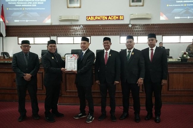 Foto bersama usai penyerahan Pengantar Nota Keuangan dan Rancangan Qanun tentang P-APBK Aceh Besar Tahun Anggaran 2026 pada rapat paripurna di Aula Rapat Gedung DPRK Aceh Besar, Kota Jantho, Kamis (24/9/2026). FOTO/ MC ACEH BESAR Foto bersama usai penyerahan Pengantar Nota Keuangan dan Rancangan Qanun tentang P-APBK Aceh Besar Tahun Anggaran 2026 pada rapat paripurna di Aula Rapat Gedung DPRK Aceh Besar, Kota Jantho, Kamis (24/9/2026). FOTO/ MC ACEH BESAR