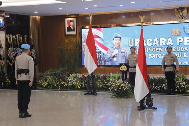 Kontingen Garuda Bhayangkara Formed Police Unit (FPU) 8 MINUSCA Polri mengikuti pelepasan sebelum menjalankan misi pemeliharaan perdamaian PBB di Bangui, Afrika Tengah, Kamis (1/10/2026).