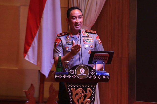 Kapolri Jenderal Polisi Suyudi Ario Seto memberikan pembekalan tentang pemberantasan kejahatan digital di Lemhannas RI, Jakarta, Kamis (29/102026).